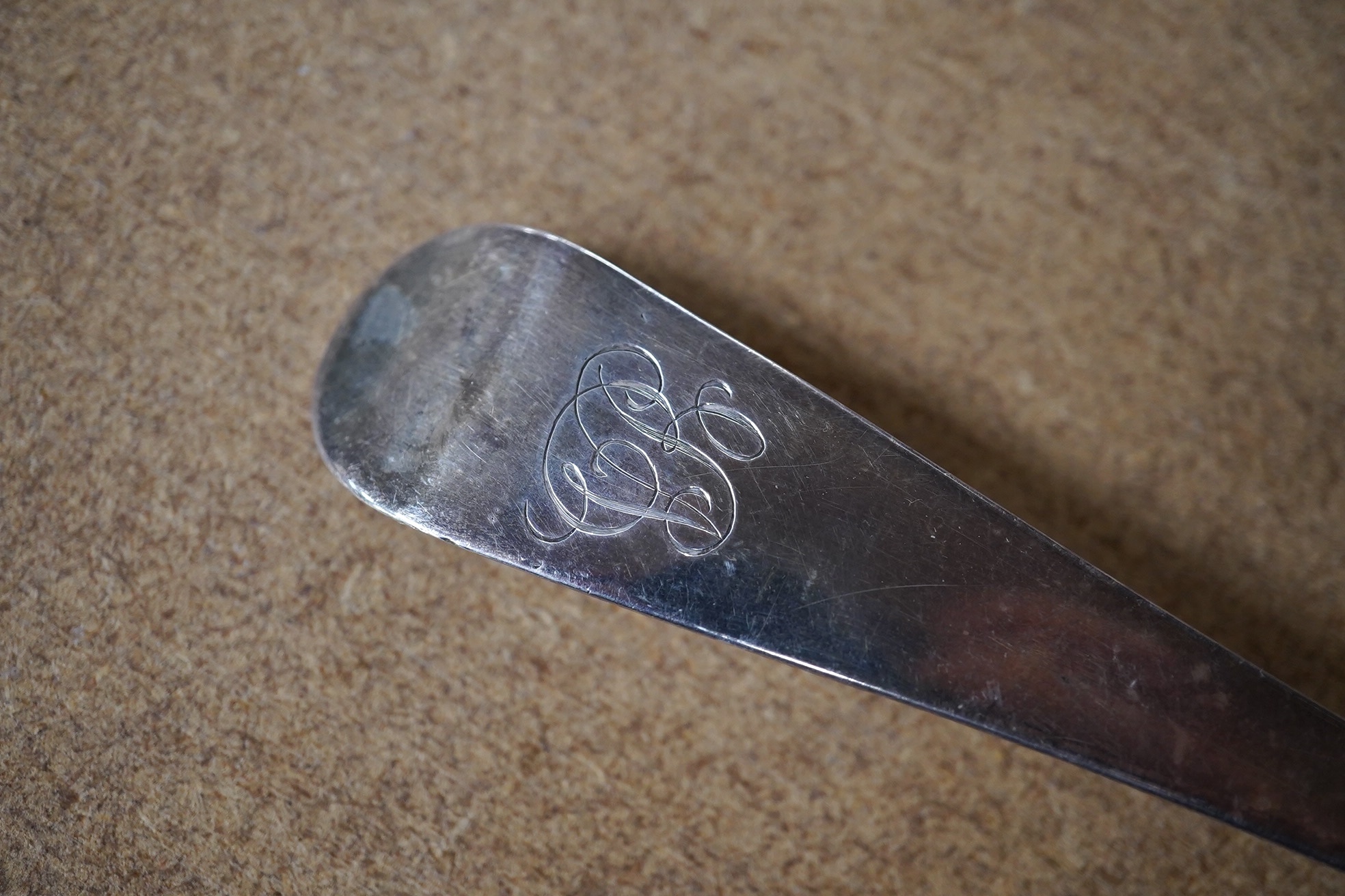 A George III silver Old English pattern basting spoon, London, 1800, 30.6cm, 86 grams. Condition - fair